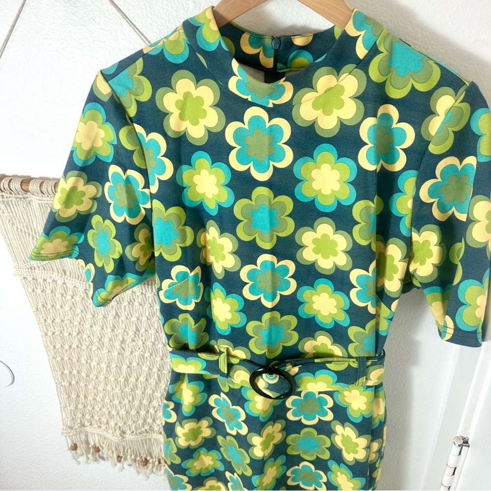 60s Flower Power Retro Vintage Like Floral Patterned Dress 70s Green US 14 - Picture 4 of 8
